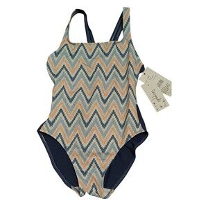 Dopple Girls One Piece Cross Back Swimsuit Sz 12 NWT Made Spain Blue Pink UPF 50